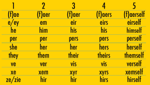 A pronoun chart of options which begin with first person pronouns: (f)ae, e/ey, he, per, she, they, ve, xe, and ze/zie.