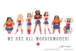 Drawing of a diverse range of people in Wonder Woman costumes, including a person in a wheelchair at the far right of the image.