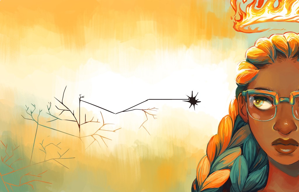 Art from the cover of Recognize Fascism by Geneva Bowers. Depicts a Black person with large glasses and large braids on the right side, looking to the left where a black crack is forming in the pane (or in the world). A crown of fire is above this person's head.