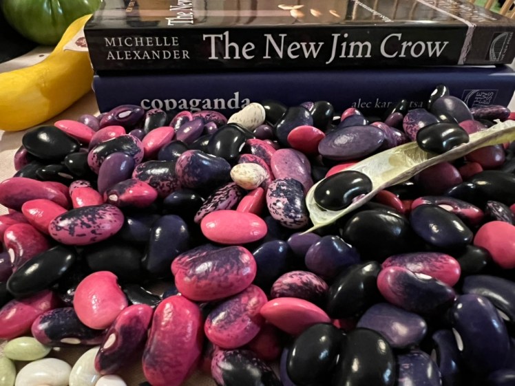 In the foreground are many beans of different colors, especially pink, purple, black, and speckled pink-and-black. In the background are two books: The New Jim Crow by Michelle Alexander and Copaganda by Alec Karakatsanis. There is also a bright yellow squash in the background on the left side.